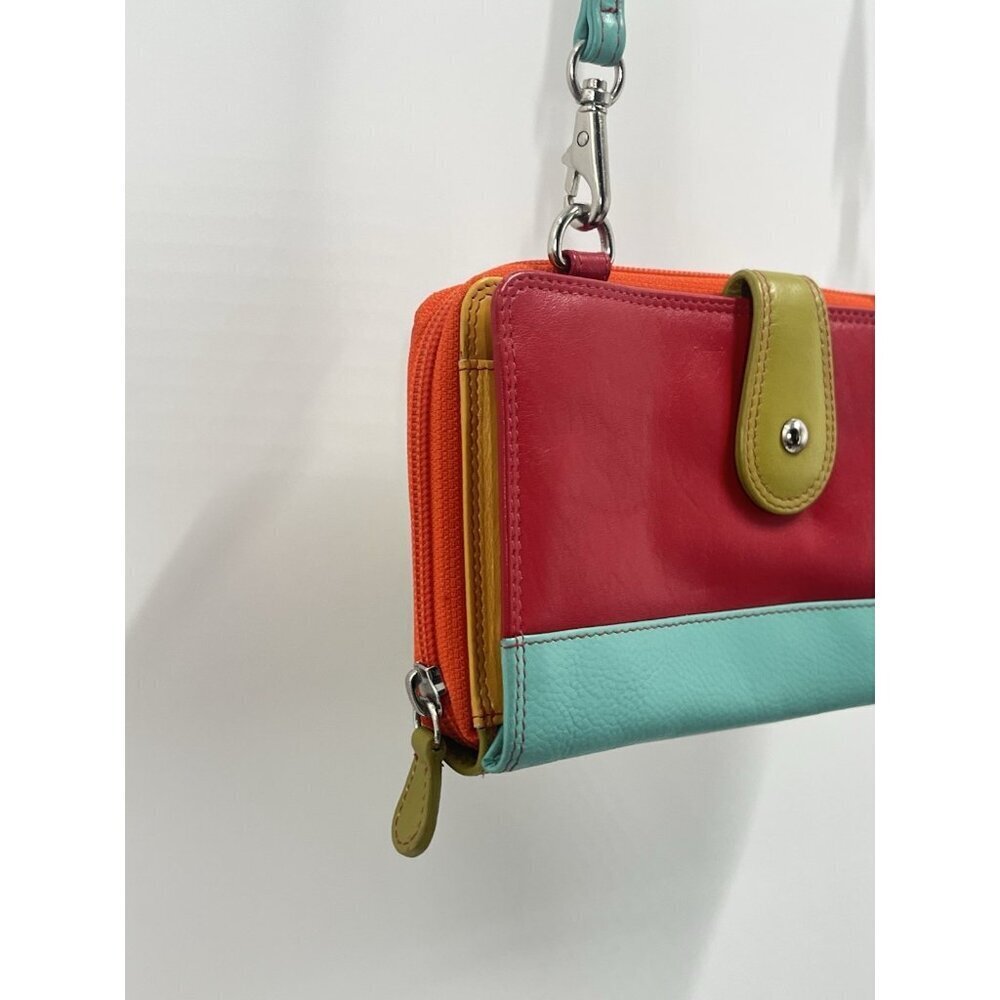 RFID Colorblock Crossbody Mini Bag Leather Travel Red Orange Blue - Picture 2 of 8